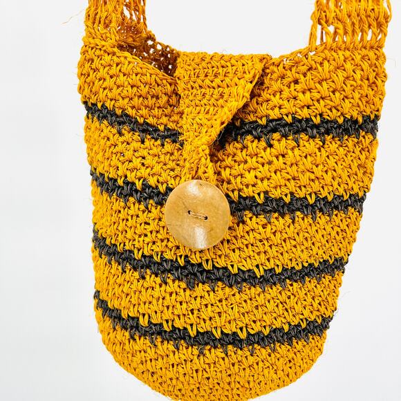Mustard Yellow Black Striped Crochet Crossbody Boho Bucket Bag - Picture 2 of 7